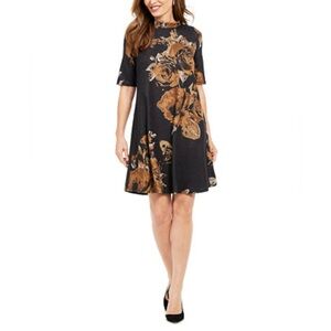 Robbie Bee Bow-Back Printed Trapeze Dress Black Floral Size 1X